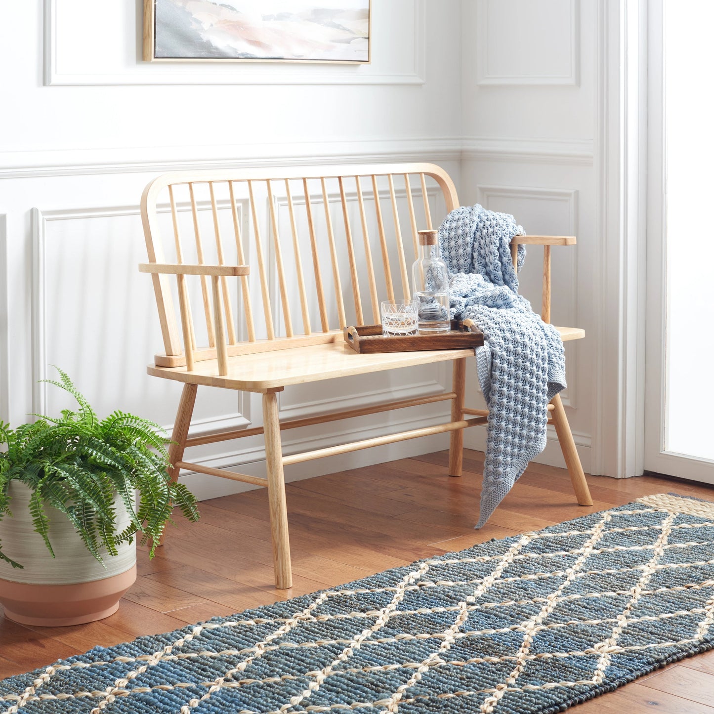 011 SI-2033080 | Lifestyle | Bowcreek Spindle Bench by HedgeApple Essentials in natural. Made from rubber wood, iron in a modern style.