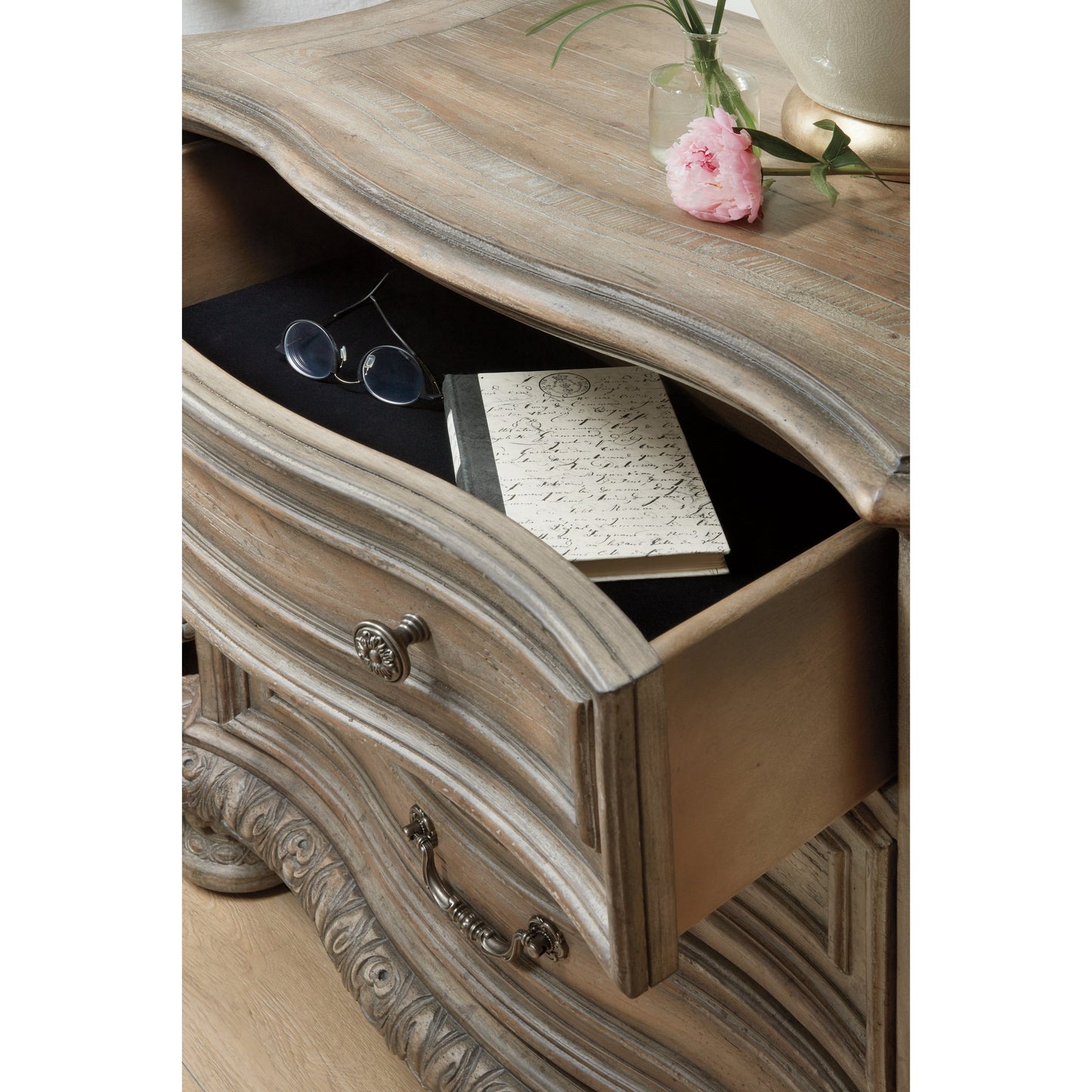 003 SI-1748586 | Closeup | Castella Three Drawer Nightstand by Hooker Furniture in antique slate. Made from pecan, quartered walnut, quartered black walnut, quartered ash, maple veneers, cedar drawer bottom, resin, outlet, felt panel in a traditional style