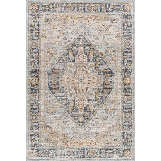 Beckham Rug - 33060 by Livabliss in charcoal, off-white, light slate, ice blue, amber, medium brown. Made from main: 100% polyester in a unique style.