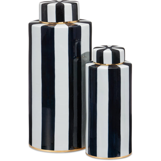 Rayures Tea Canister Set by Currey and Company in ivory, black, antique brass. Made from ceramic, brass in a modern style.