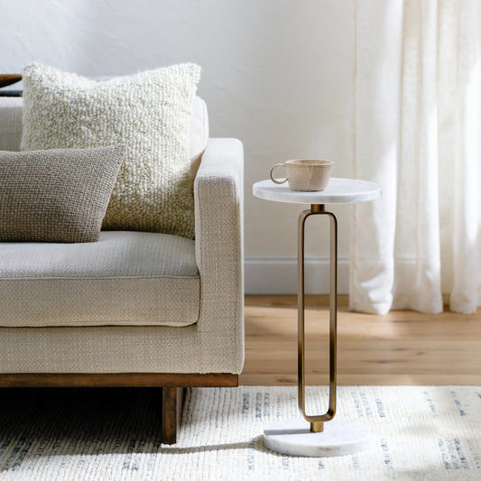 Bendigo Drink Table by Livabliss in metallic brass, ivory and bronzed, marbled. Made from top: marble, base: metal in a modern style.