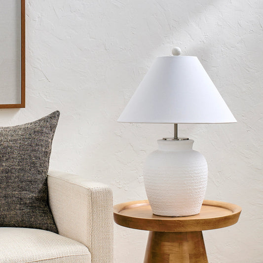 Bordeaux Table Lamp - 498984 by Surya in white, metallic silver, translucent, metallic nickel. Made from body: cement, metal, shade (outside): linen, shade (inside): polyester, finial: plastic in a modern style.