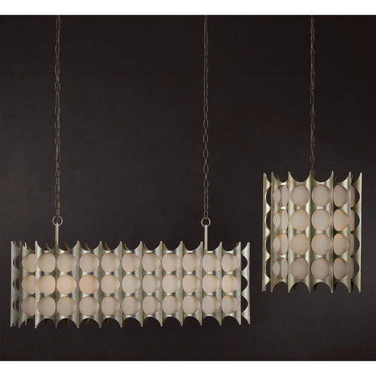 Bardi Oval Chandelier by Currey and Company in contemporary silver leaf. Made from wrought iron in a modern style.