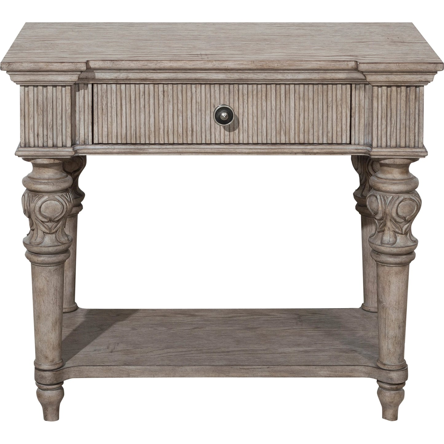001 SI-2155599 | Primary Silo | Kingsbury Open Nightstand by Pulaski Furniture in french grey. Made from oak veneers, hardwood solids in a traditional style.
