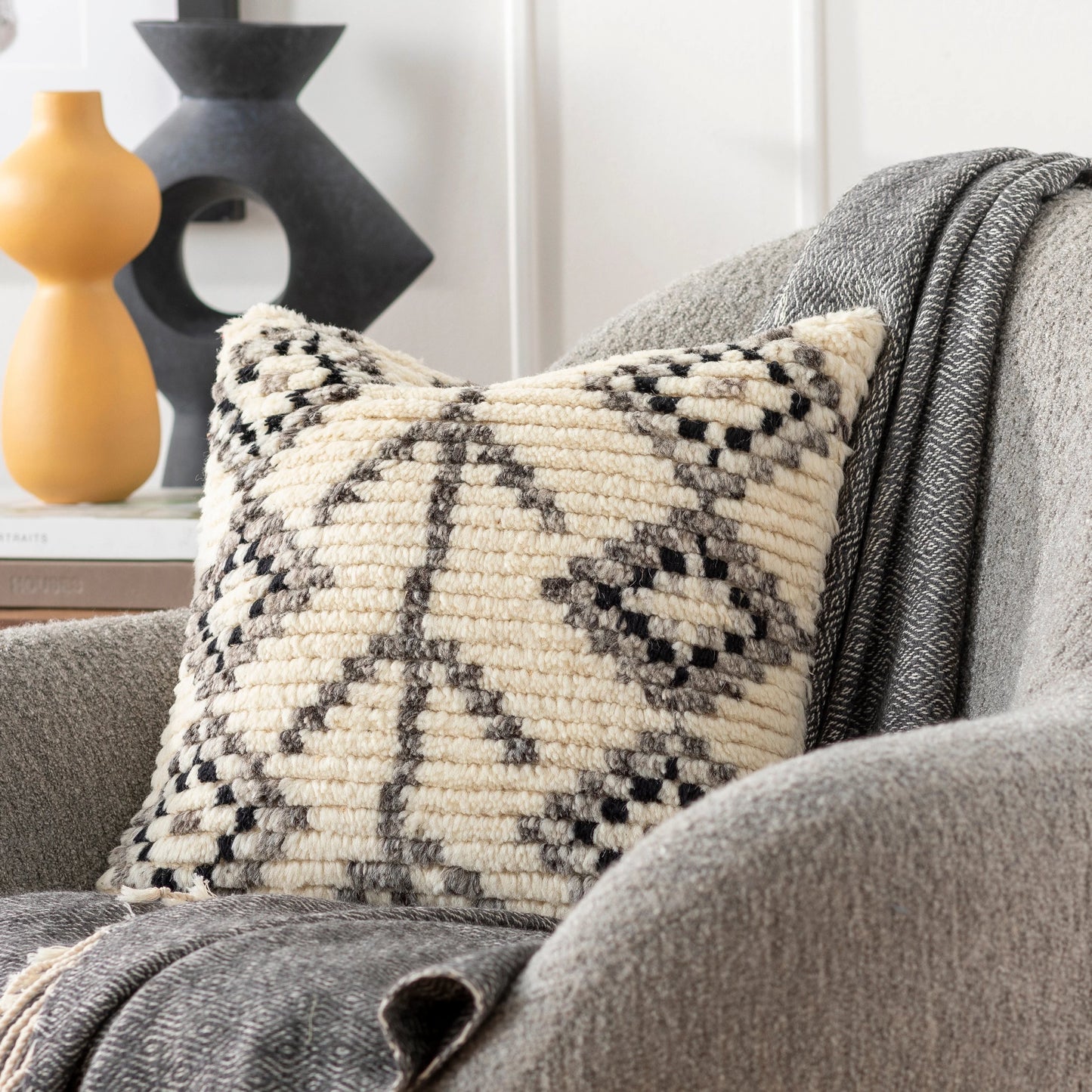 005 SI-1877607,SI-1877608 | Lifestyle | Benisouk Pillow - 18078 by Surya in gray, light beige. Made from 100% wool, 100% cotton in a eclectic & global style.