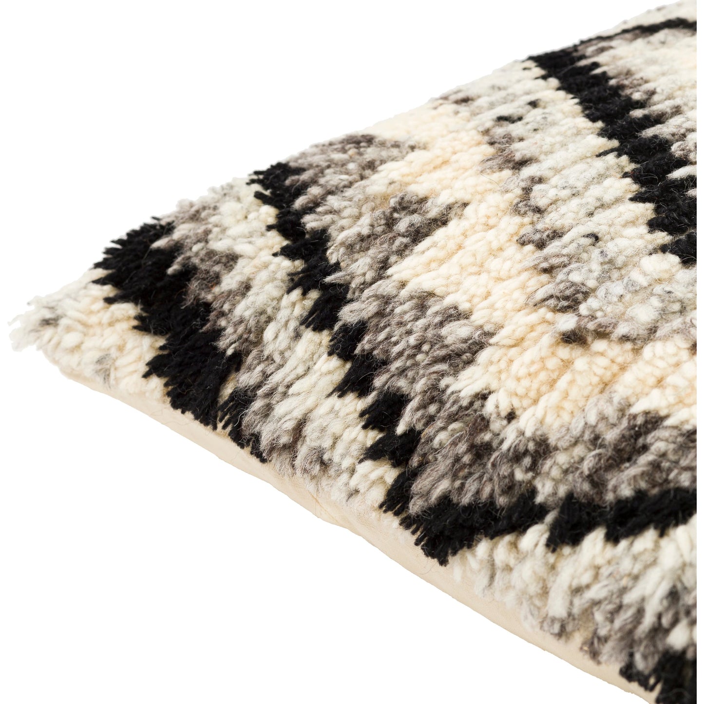 004 SI-1877617,SI-1877618,SI-1877619,SI-1877620,SI-1877621,SI-1877622 | Closeup | Benisouk Pillow - 27463 by Surya in black, light beige. Made from 100% wool, 100% cotton in a eclectic & global style.