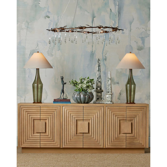 Morning Grove Chandelier by Currey and Company in rhine gold, clear. Made from wrought iron, glass in a cottage & farmhouse style.