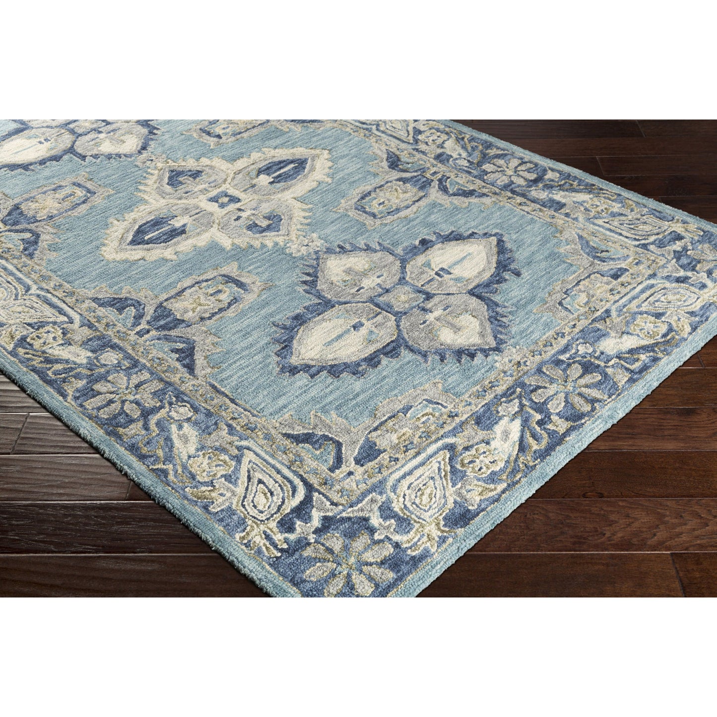 008 97701-40237,97701-40238,97701-40239 | Closeup | Bonifate Rug - 22104 by Surya in pale blue, blue, dark blue, ivory, light beige, olive. Made from 100% wool in a unique style.