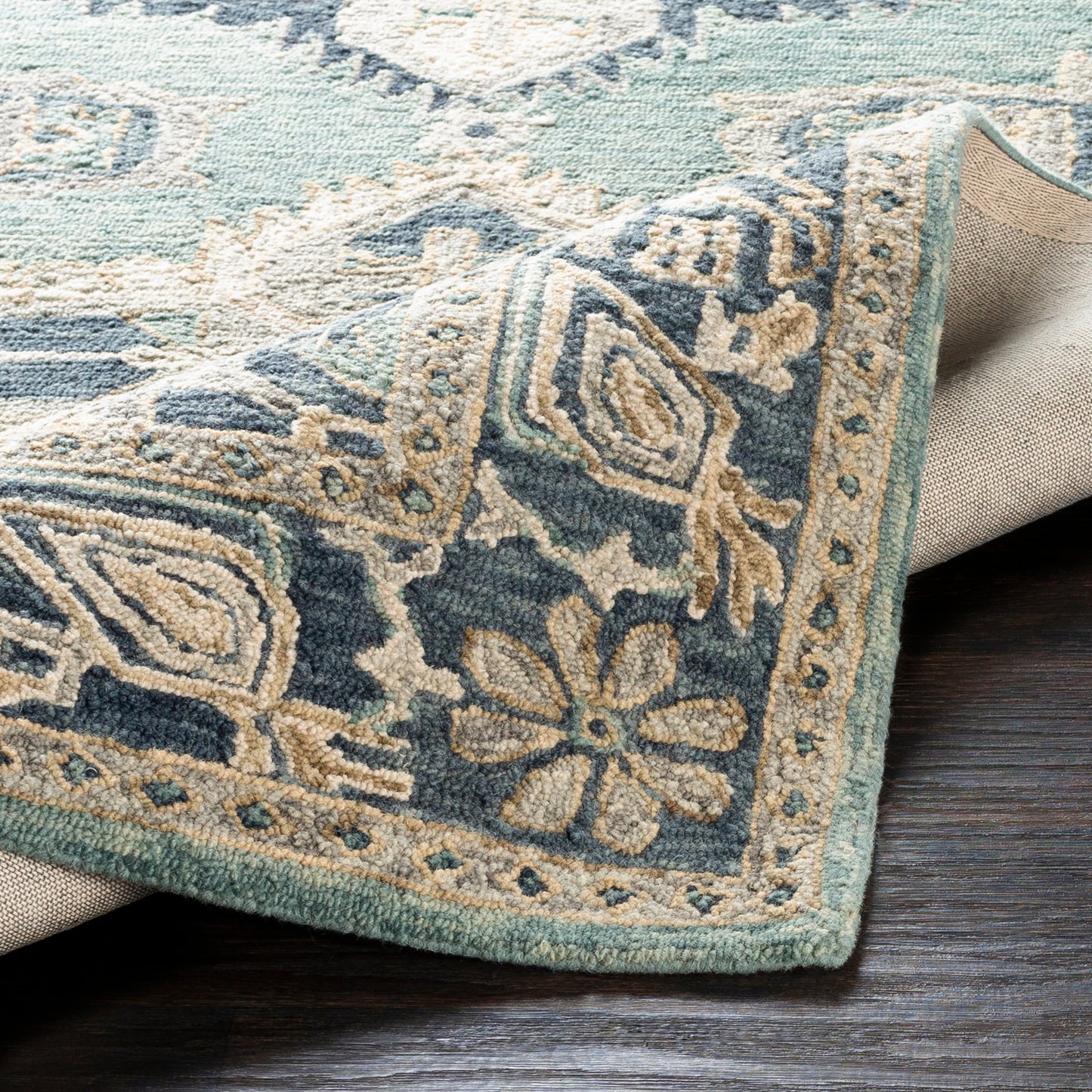 005 97701-40237,97701-40238,97701-40239 | Closeup | Bonifate Rug - 22104 by Surya in aqua, denim. Made from 100% wool in a unique style.