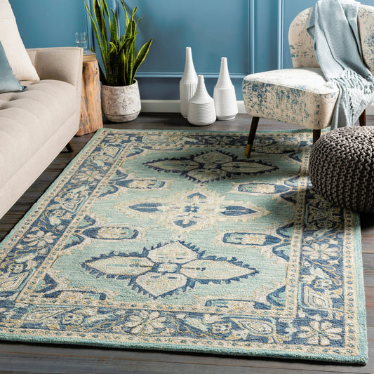 Bonifate Rug - 22104 by Surya in pale blue, blue, dark blue, ivory, light beige, olive. Made from 100% wool in a unique style.