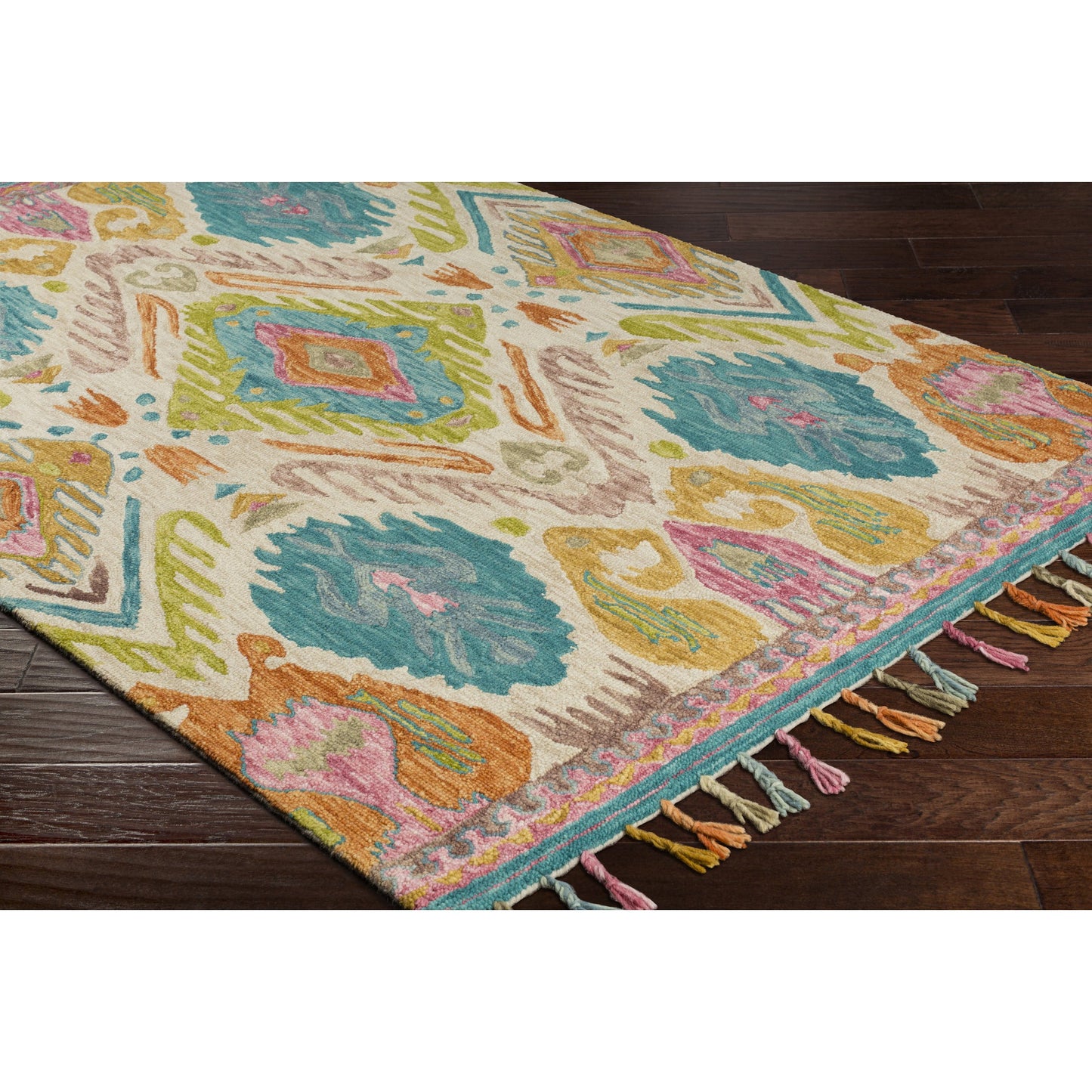 002 102188-40237 | Closeup | Bonifate Rug - 23117 by Surya in teal, light pink, rose, light beige, burnt orange. Made from 100% wool in a unique style.