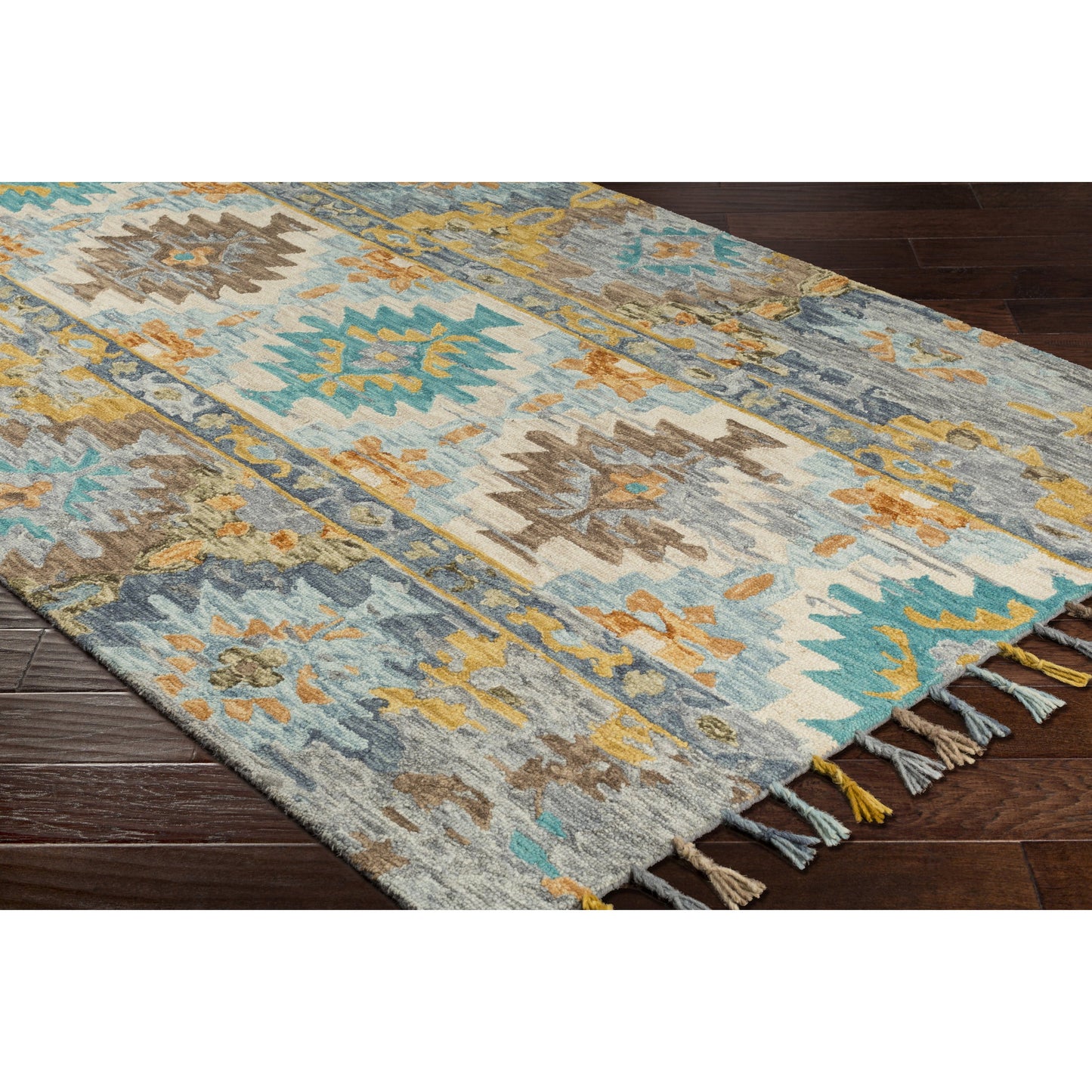 003 102195-40237 | Closeup | Bonifate Rug - 23121 by Surya in teal, mustard, slate, light slate, charcoal, ice blue. Made from 100% wool in a unique style.