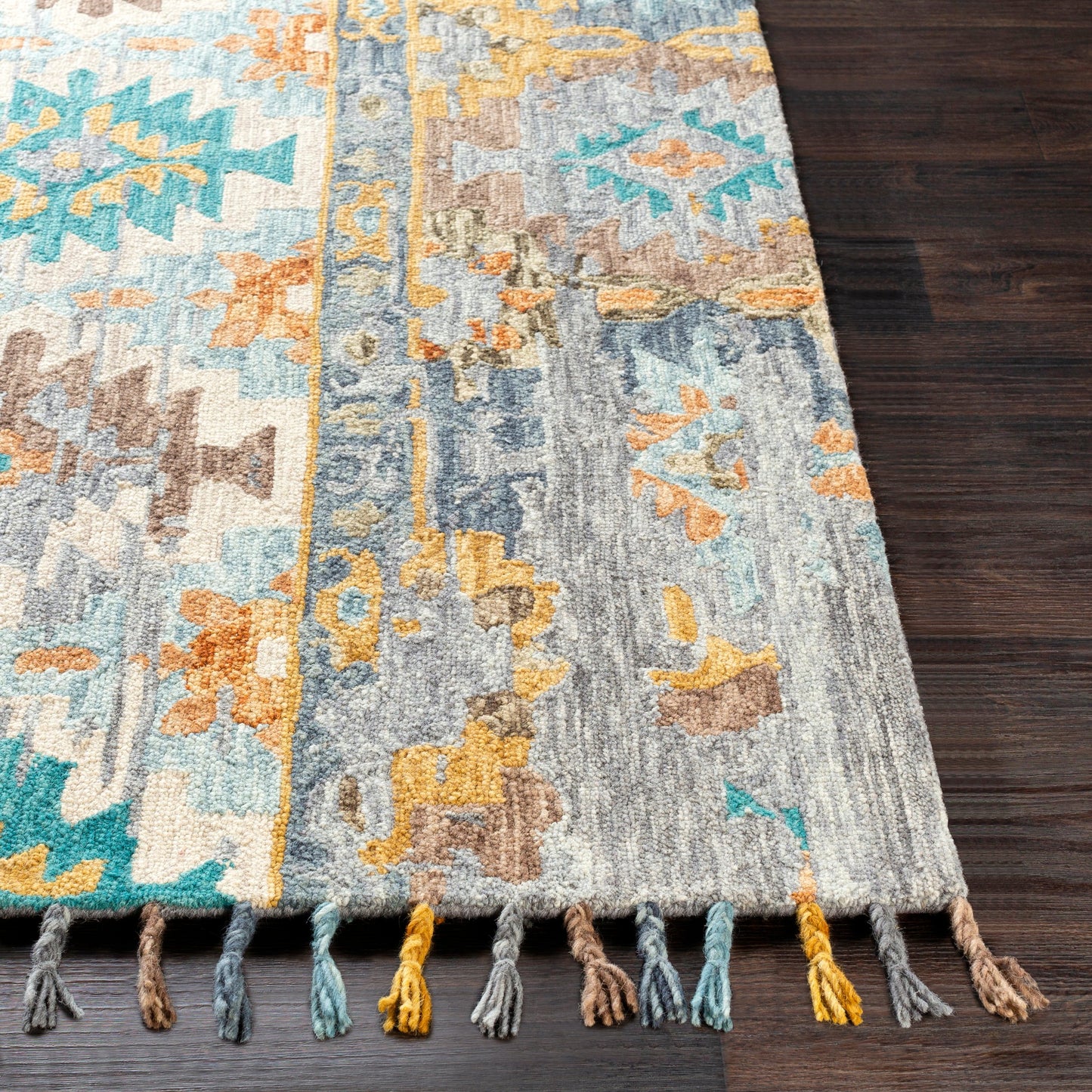 002 102195-40237 | Closeup | Bonifate Rug - 23121 by Surya in teal, mustard, slate, light slate, charcoal, ice blue. Made from 100% wool in a unique style.