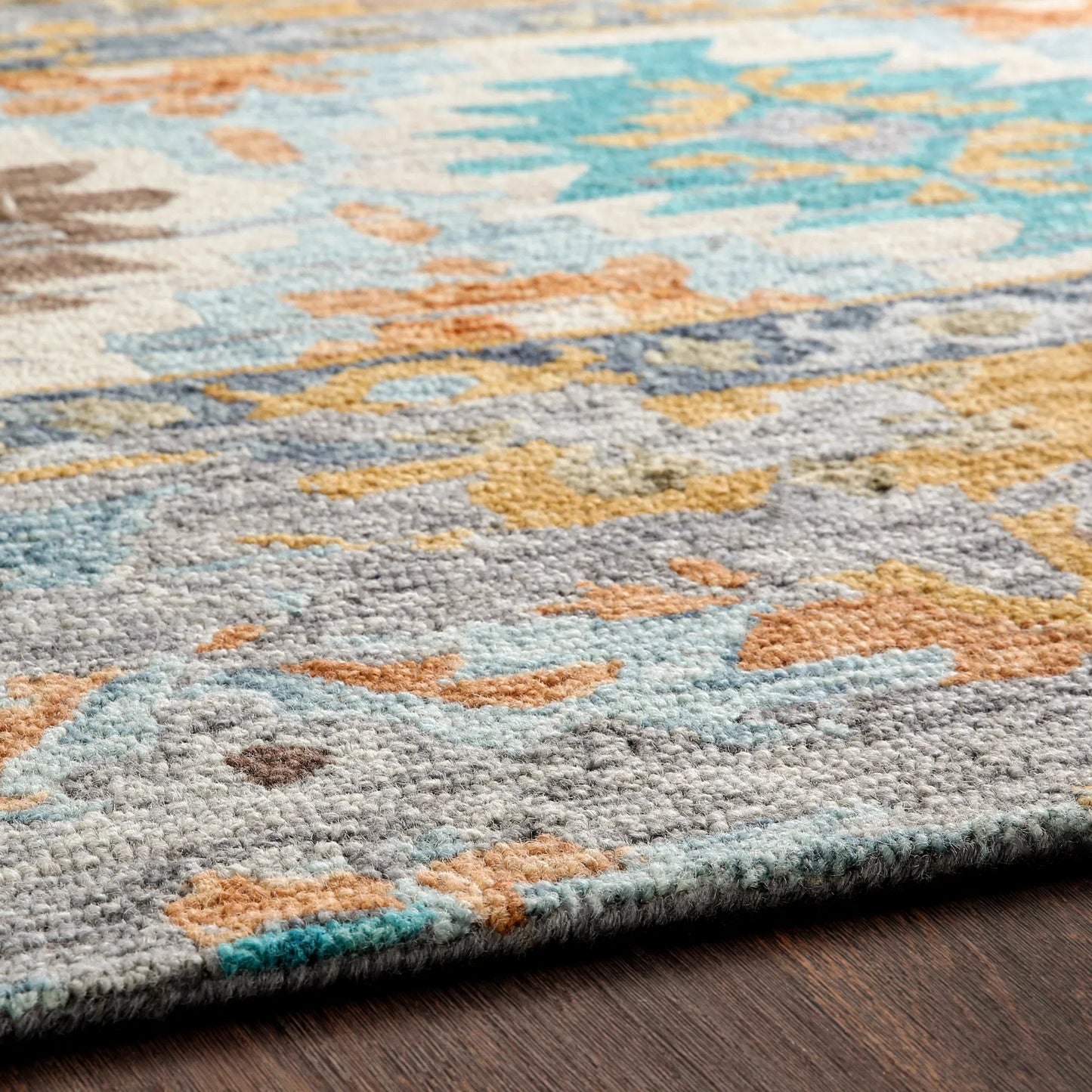 004 102195-40237 | Closeup | Bonifate Rug - 23121 by Surya in teal, mustard, slate, light slate, charcoal, ice blue. Made from 100% wool in a unique style.