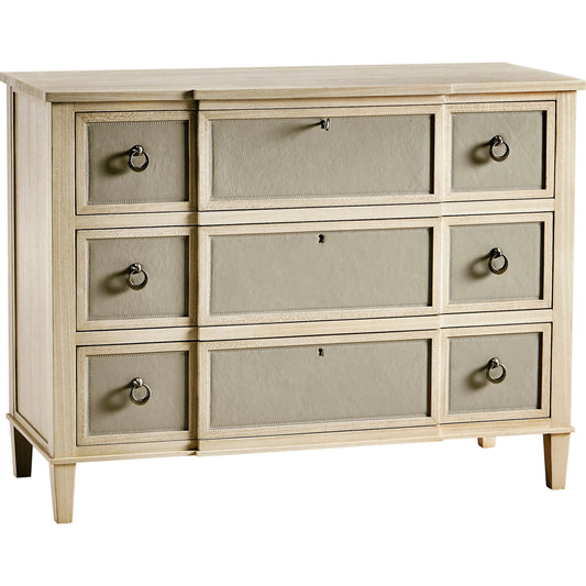 001 SI-2186251 | Primary Silo | Water Neap Leather Front Chest by Jonathan Charles in ash blonde. Made from died koto veneer, leather, brass in a transitional style.