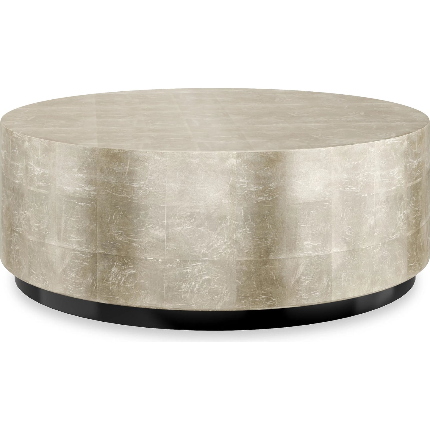 001 SI-2250472 | Primary Silo | Cocktail Couture Round Cocktail Table by Caracole in taupe silver leaf, almost black. Made from asian hardwood in a modern style.