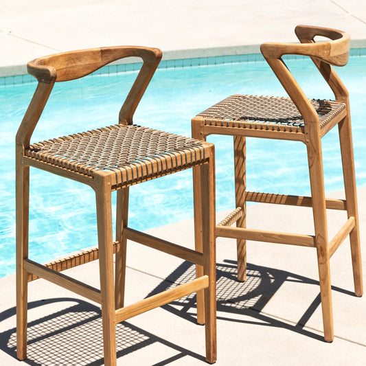 Rosel Barstool by Arch & Plane in natural, taupe. Made from teak wood, synthetic rope in a transitional style.