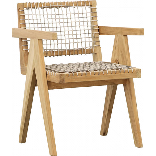 Ursula Dining Chair by Arch & Plane in natural wood finish frame with taupe weave. Made from teak wood frame, synthetic rattan weaving material in a rustic style.