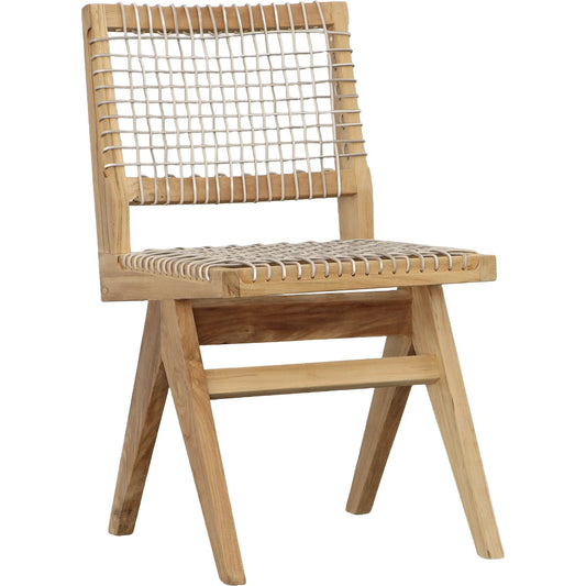 Margit Dining Chair by Arch & Plane in natural wood finish frame with taupe weave. Made from teak wood frame, synthetic rattan weaving material in a rustic style.