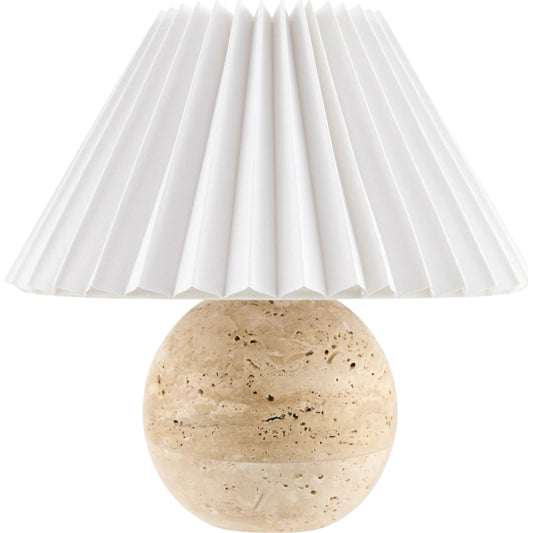 001 SI-2529877 | Primary Silo | Bajo Natural Travertine Accent Table Lamp with Pleated Shade by Livabliss in brown and painted. Made from travertine, linen, polyester in a unique style.