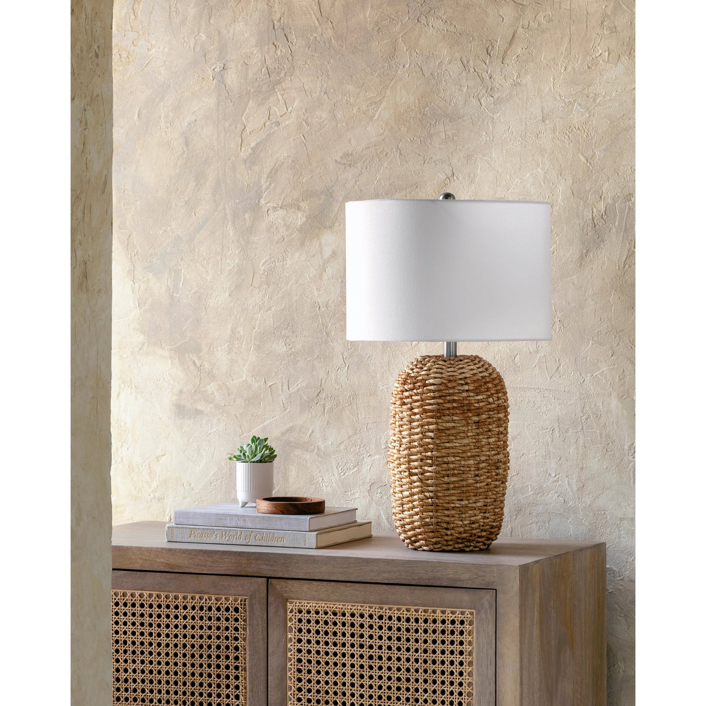 003 SI-2099856 | Lifestyle | Beke Table Lamp - 524596 by Surya in white, metallic nickel, translucent, wheat and naturalplatedplated. Made from rattan, metal, cotton in a cottage & farmhouse style.