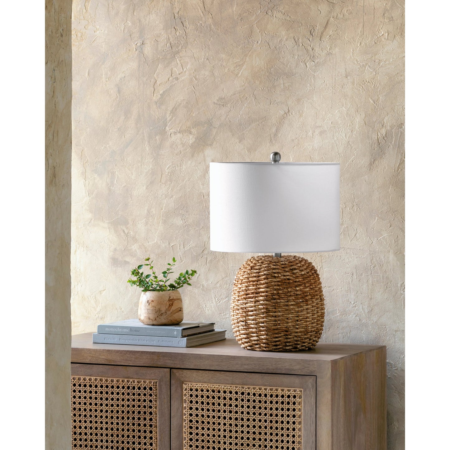 003 SI-2099857 | Lifestyle | Beke Table Lamp - 524599 by Surya in white, metallic nickel, translucent, wheat and naturalplatedplated. Made from rattan, metal, cotton in a cottage & farmhouse style.