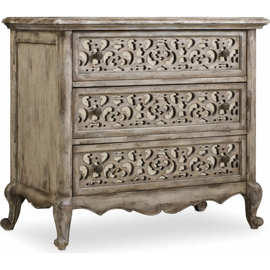 Chatelet Fretwork Nightstand by Hooker Furniture. Made from pecan veneer, resin, wallpaper, solid-wood edge top in a traditional style.