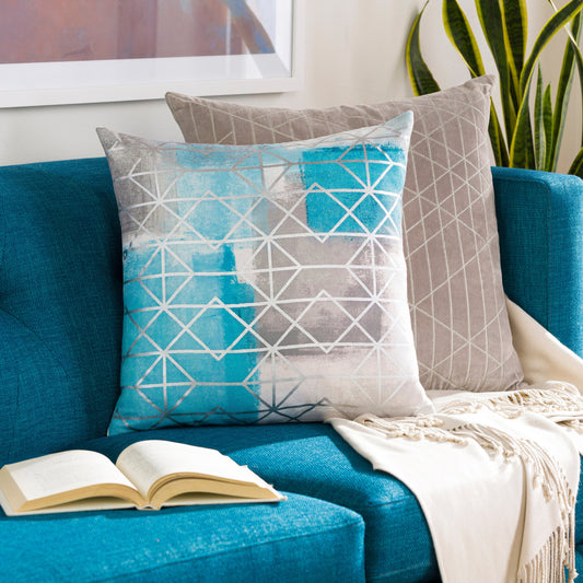 Balliano Pillow - 33983 by Surya in white, aqua, light blue, gray, light gray, metallic silver. Made from 100% polyester in a modern style.