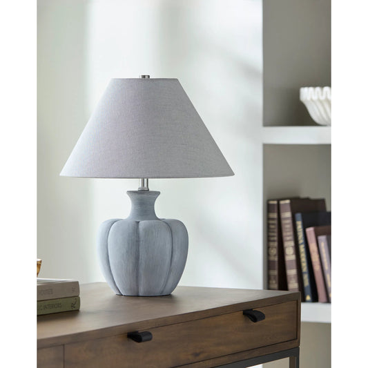 Bulsny Accent Table Lamp by Livabliss in body: gray; shade (outside): gray; shade (inside): white; finial: metallic - nickel; harp: metallic - nickel; cord: translucent and paintedplated. Made from cement, linen, polyester, iro