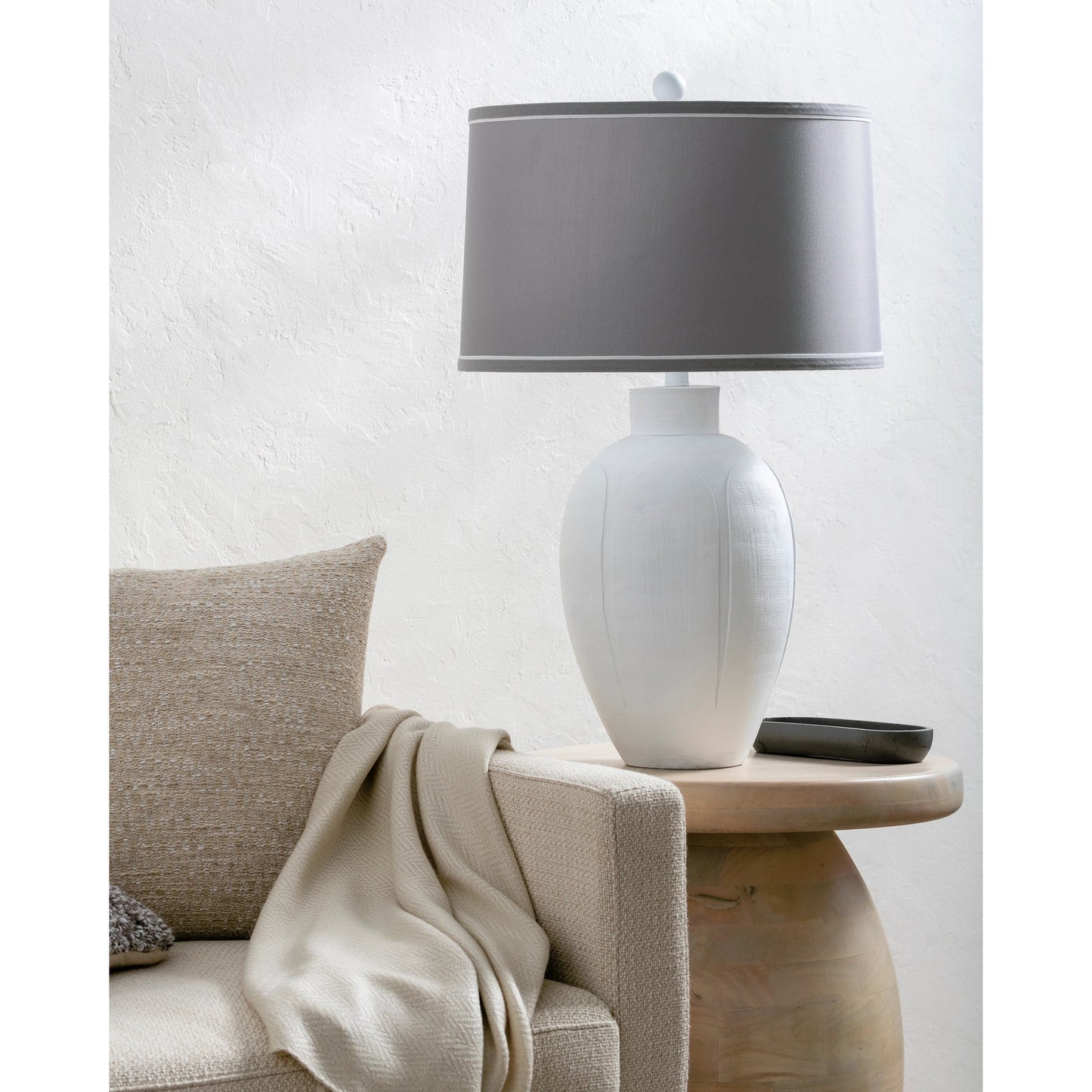 003 SI-2053847 | Lifestyle | Blustar Table Lamp - 499135 by Surya in translucent, metallic nickel, white, gray. Made from body: resin, shade (outside): polyester, shade (inside): polyester, finial: plastic in a modern style.