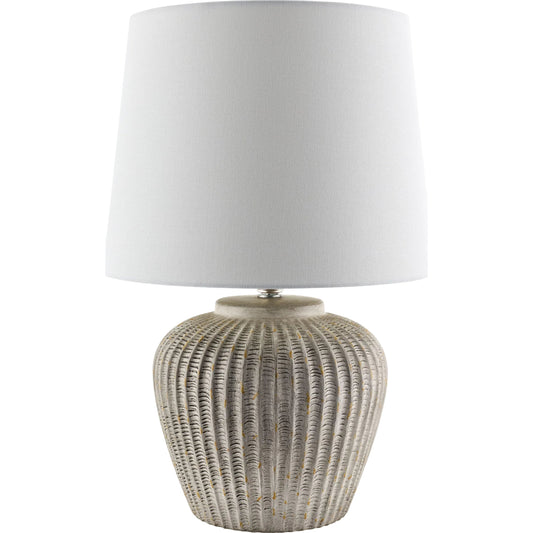 Bamba Accent Table Lamp by Livabliss in body: gray; shade: white; finial: metallic - gold; cord: translucent and hand painted. Made from ceramic, iron, linen, polyester in a modern style.