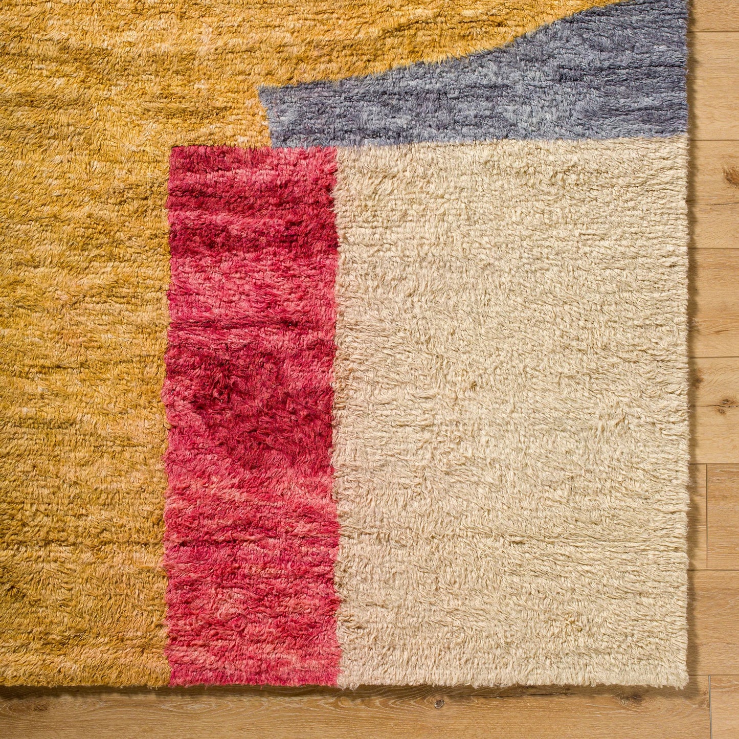 006 SI-2169202,SI-2169203,SI-2169204,SI-2169205,SI-2169206 | Closeup | Beni Moroccan Rug - 539019 by Livabliss in mustard. fuschia, blue, cream. Made from wool in a unique style.