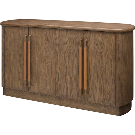 Atra Sideboard by Becki Owens x Surya in brown and stained. Made from rubber wood, oak veneer, leather wrapped in a traditional style.