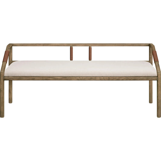 Atra Bench by Becki Owens x Surya in light beige, brown. Made from polyester, linen, red oak, leather wrapped, polyester wrapped foam in a rustic style.