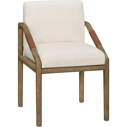 Atra Dining Chair by Becki Owens x Surya in light beige, brown. Made from polyester, linen, red oak, leather wrapped, polyester wrapped foam in a rustic style.