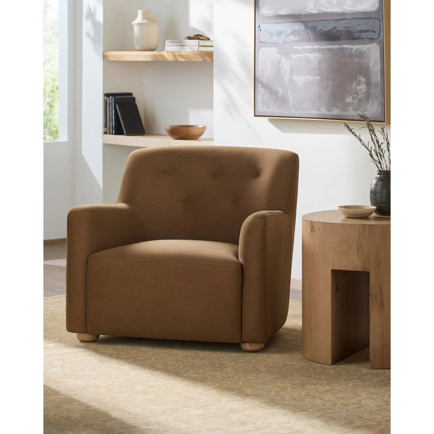 005 SI-2379513 | Lifestyle | Cayucos Accent Chair by Becki Owens x Surya in brown. Made from polyester, linen, plywood, foam in a transitional style.