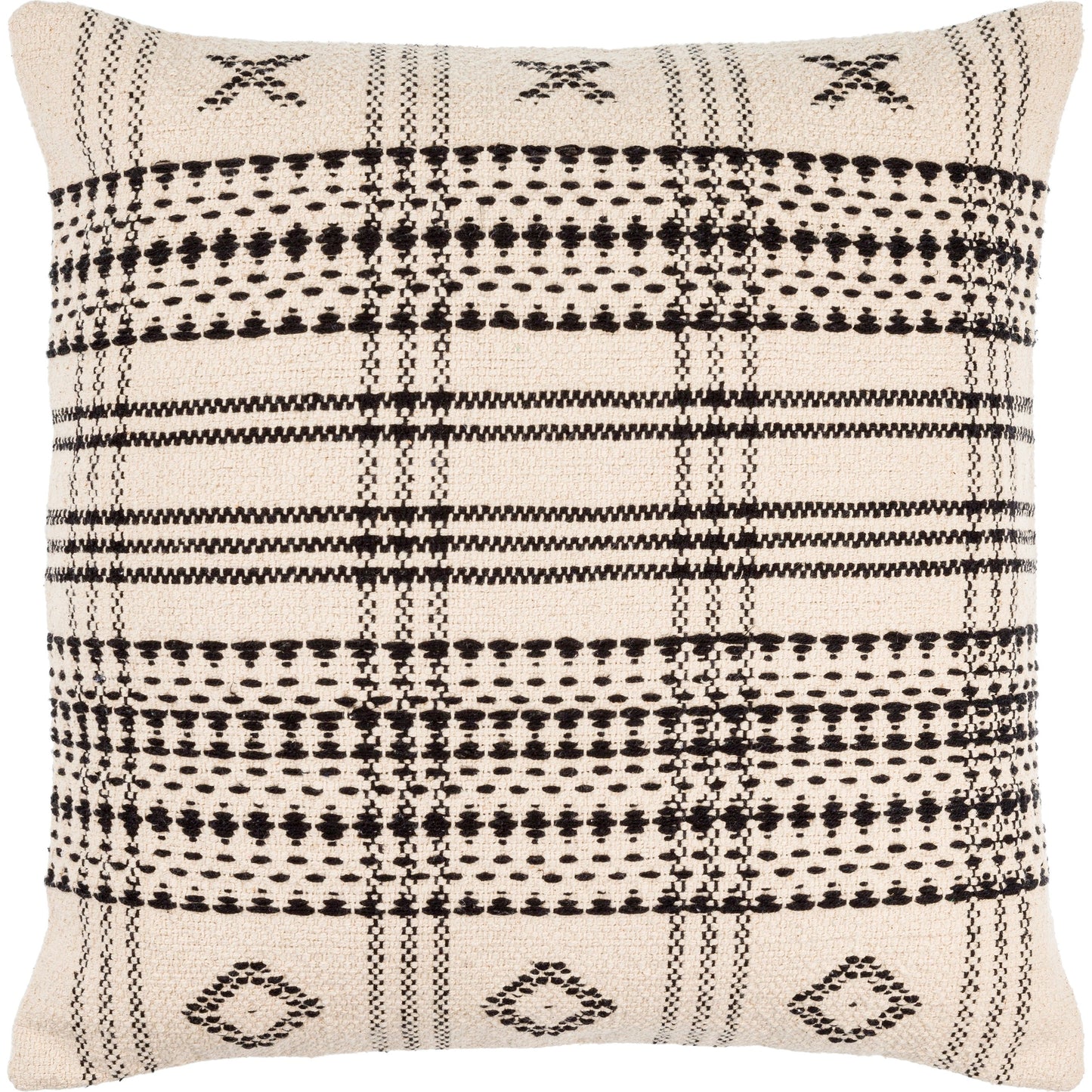 002 SI-2132103,SI-2132104,SI-2132106,SI-2132107,SI-2132109,SI-2132110 | Primary Silo | Myrna Pillow - 496189 by Becki Owens x Livabliss in light beige, black. Made from front: 100% cotton, back: 100% cotton in a traditional style.