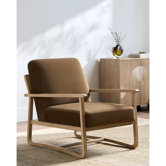 Molera Accent Chair by Becki Owens x Surya in brown and ash. Made from polyester, ash wood, foam in a unique style.