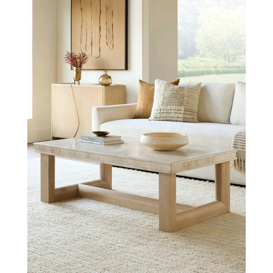 Mayson Coffee Table by Becki Owens x Surya in cream, brown and polished, lacquered. Made from marble, oak in a transitional style.
