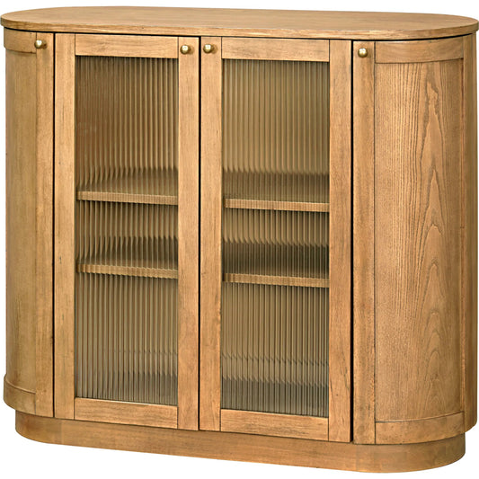Penasco Cabinet by Becki Owens x Livabliss in tan and stained, polished. Made from ash wood veneer, rubber wood, glass in a transitional style.