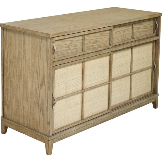 Morro Cabinet by Becki Owens x Surya in brown, ivory, taupe. Made from oak veneer, grasscloth, leather, oak in a transitional style.