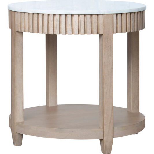Rosemary End Table by Becki Owens x Livabliss in top: white; base: clear and natural, washed, lacquered. Made from marble, mango wood in a transitional style.