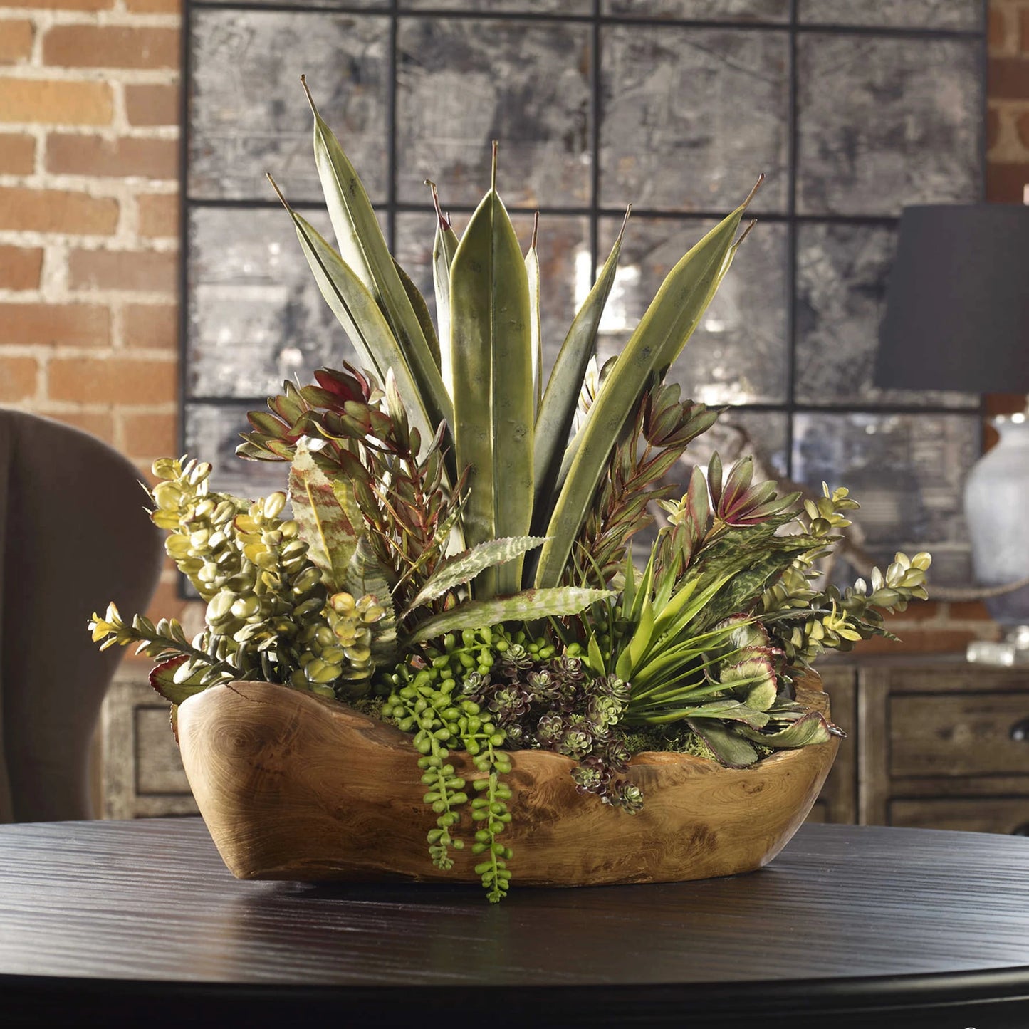 003 S-254202 | Lifestyle | Salar Succulents in Teak Bowl by Uttermost in teak. Made from polyester, foam, teak wood in a modern style.