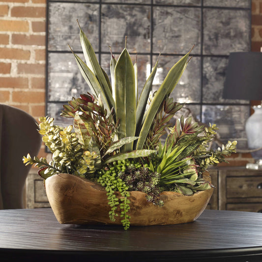 Salar Succulents in Teak Bowl by Uttermost in teak. Made from polyester, foam, teak wood in a modern style.