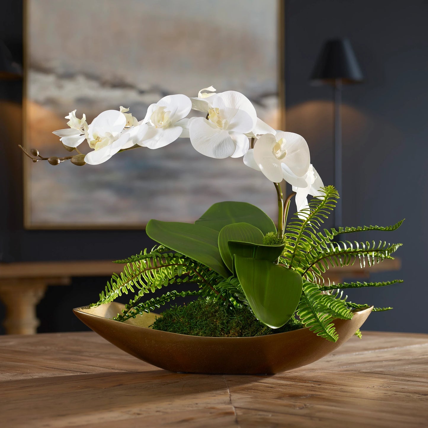 007 SI-2108130 | Lifestyle | Transcend Orchid Centerpiece by Uttermost in brass. Made from poly silk, latex, aluminum, foam in a modern style.