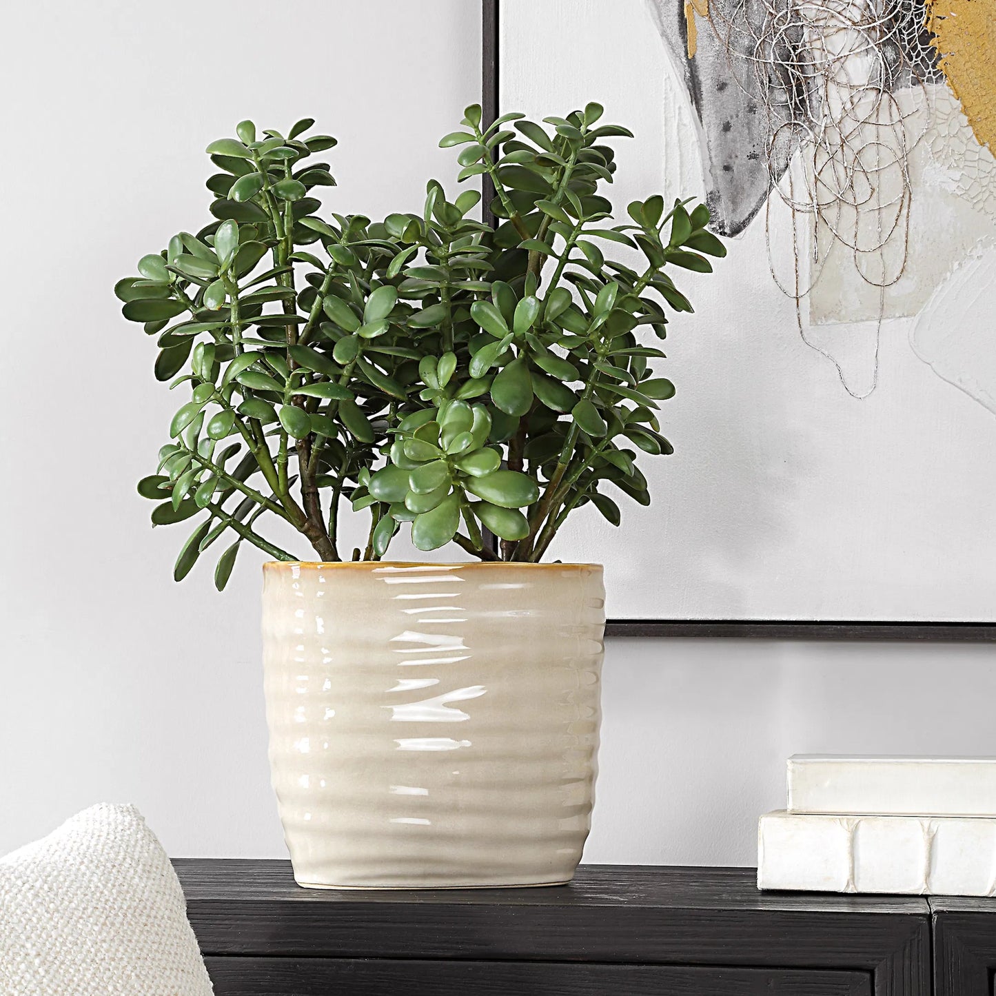 004 SI-2295379 | Lifestyle | Crassula Jade Accent Plant by Uttermost in tan. Made from polyester, plastic, polyfoam, ceramic in a transitional style.