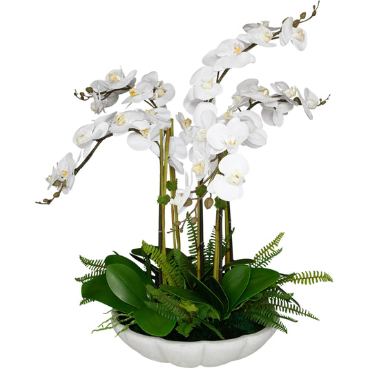 Flourish Orchid Centerpiece by Uttermost in white. Made from ricestone, fabric, latex, foam, ba in a transitional style.