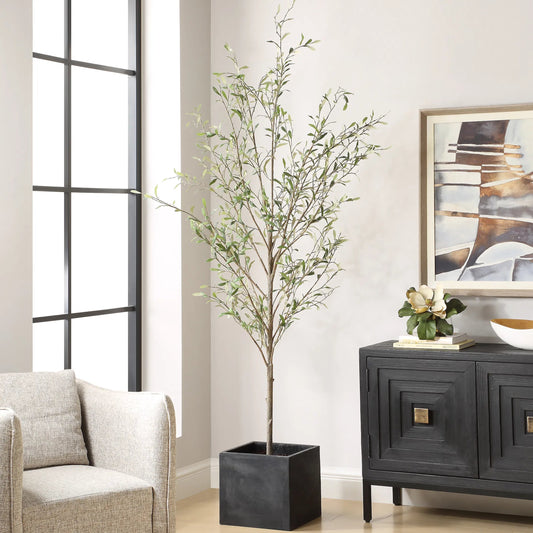 Abundance Potted Olive Tree by Uttermost in charcoal. Made from polyester, plastic, iron, resin in a cottage & farmhouse style.