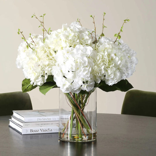 Anastasia Hydrangea Centerpiece by Uttermost in white. Made from polyester, plastic, glass in a transitional style.