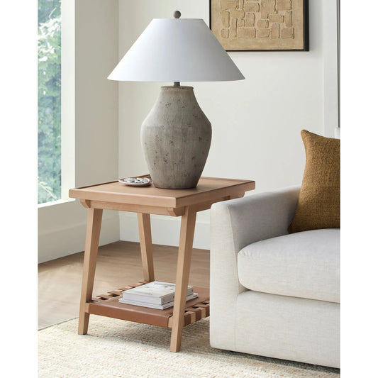 Taft End Table by Becki Owens x Surya in beige, brown. Made from hemlock, leather wrapped in a transitional style.